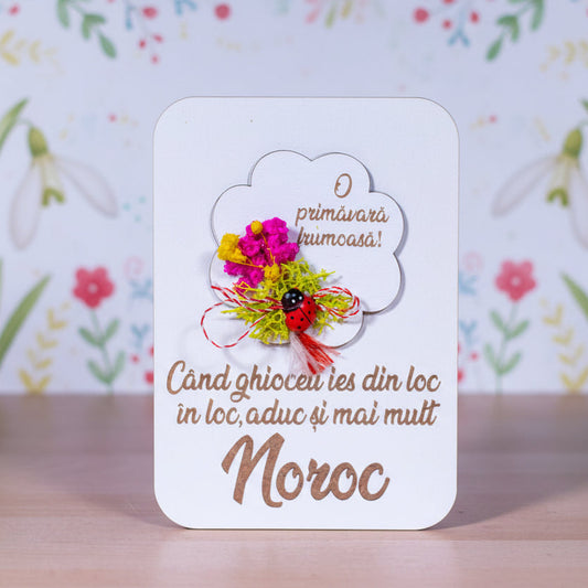 Felicitare martisor cu flori uscate si licheni - Noroc