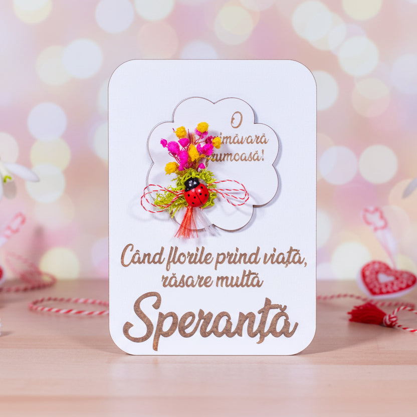 Felicitare martisor cu flori uscate si licheni - Speranta