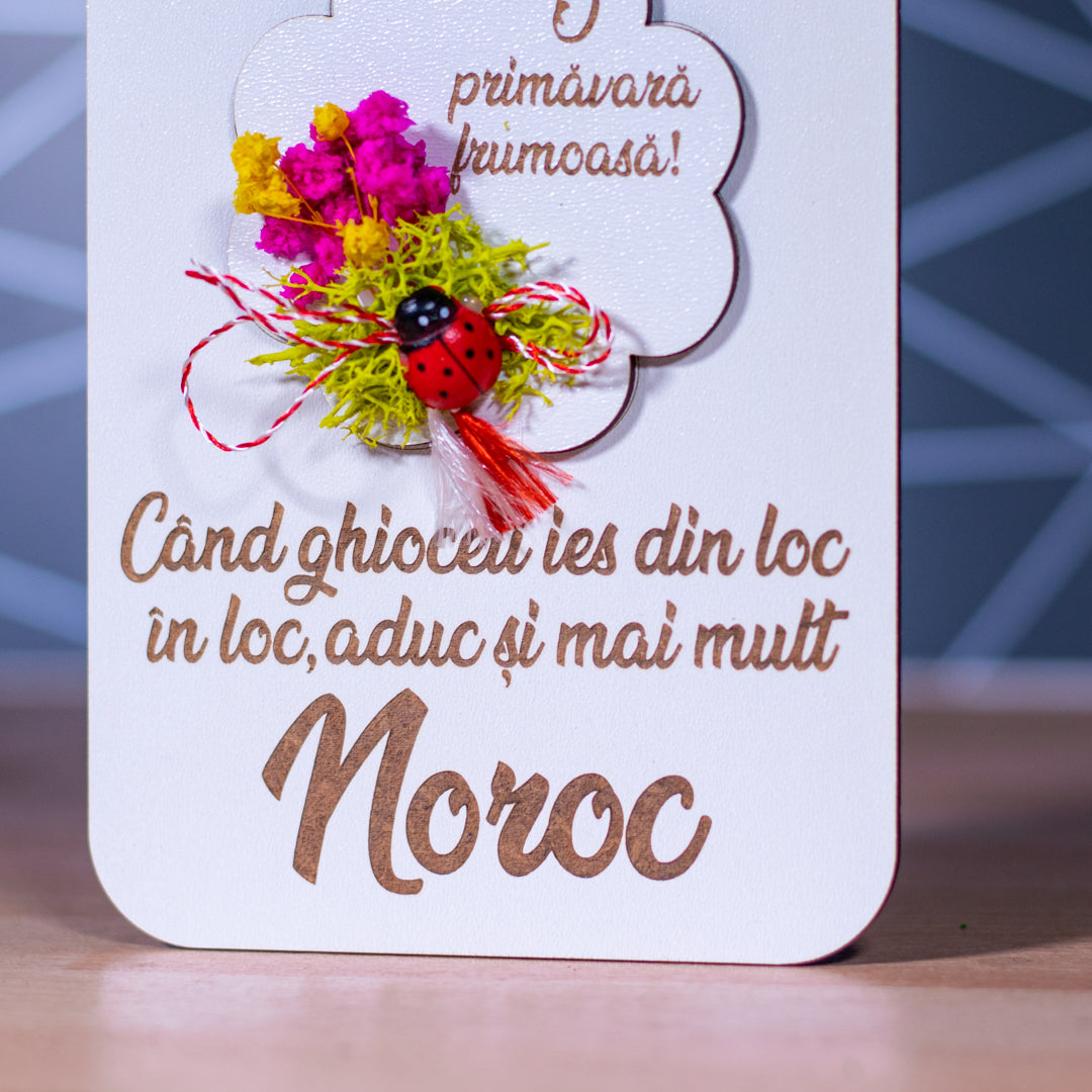 Felicitare martisor cu flori uscate si licheni - Noroc