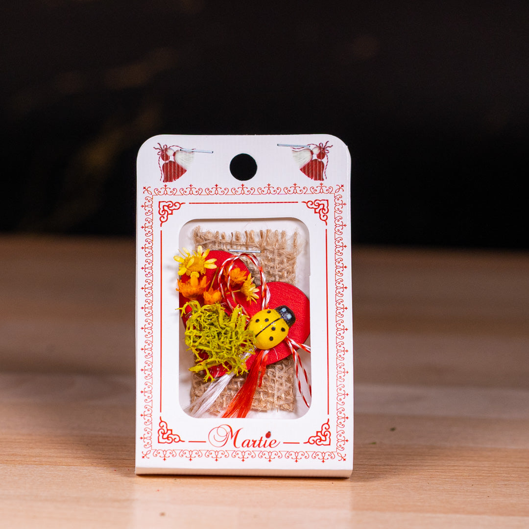 Martisor din lemn handmade - Model inima cu licheni si buburuza
