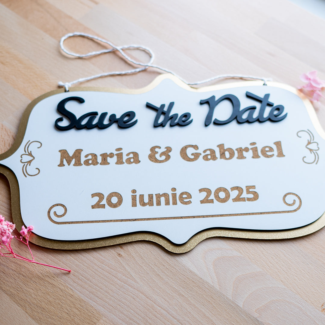Placă Save the Date lemn cu accente aurii