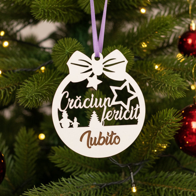 Globuleț din lemn „Crăciun Fericit” – Iubito