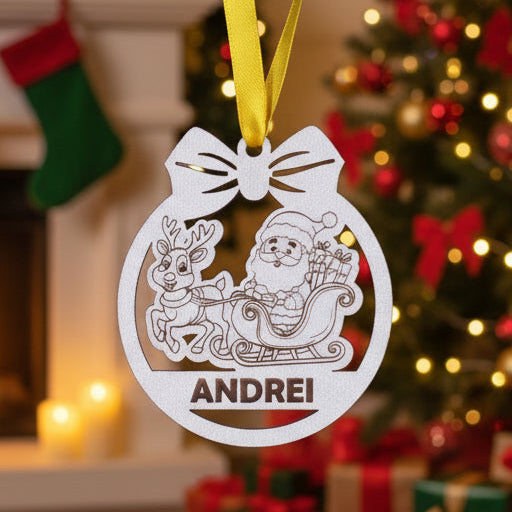 Globuleț din lemn - cu Moș Crăciun în sanie și nume personalizat