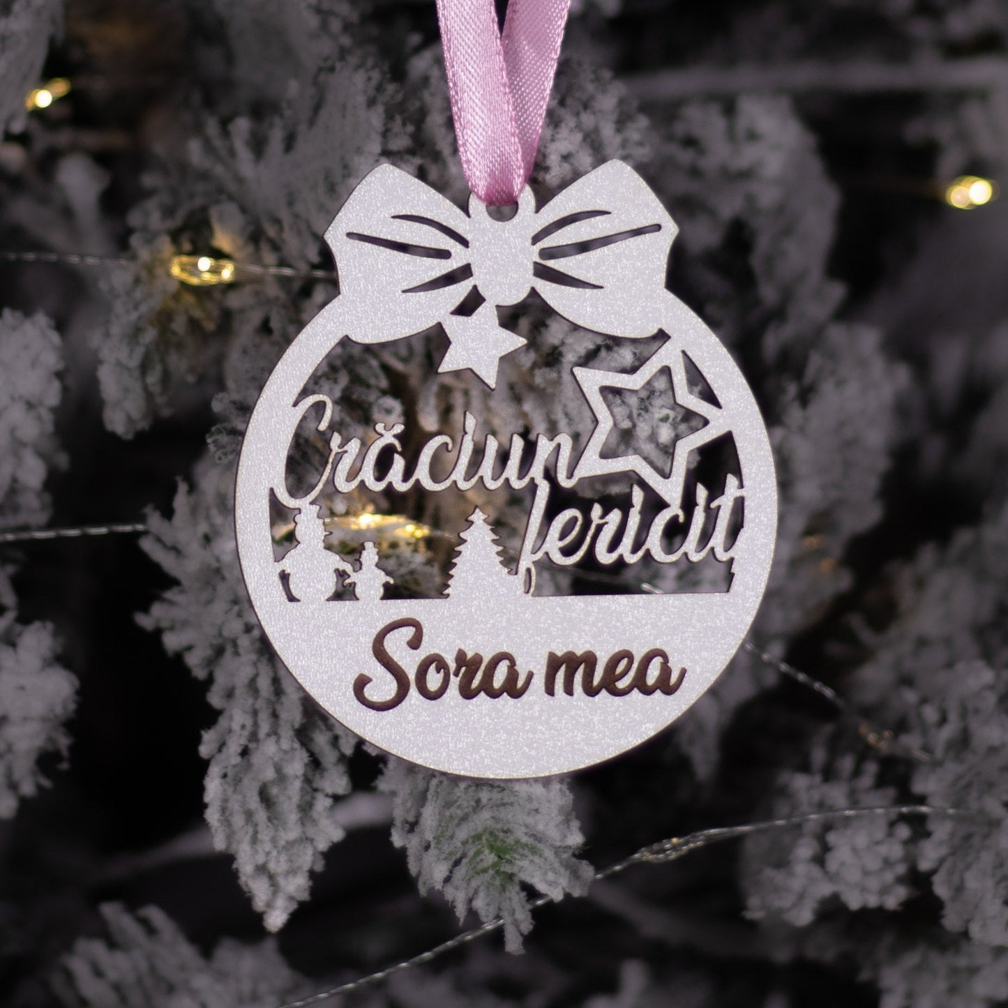 Globuleț din lemn - „Crăciun Fericit” - Sora Mea